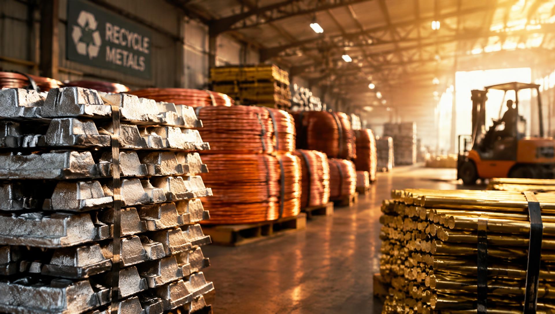 Aluminium ingots, copper coils and brass rods in a warehouse